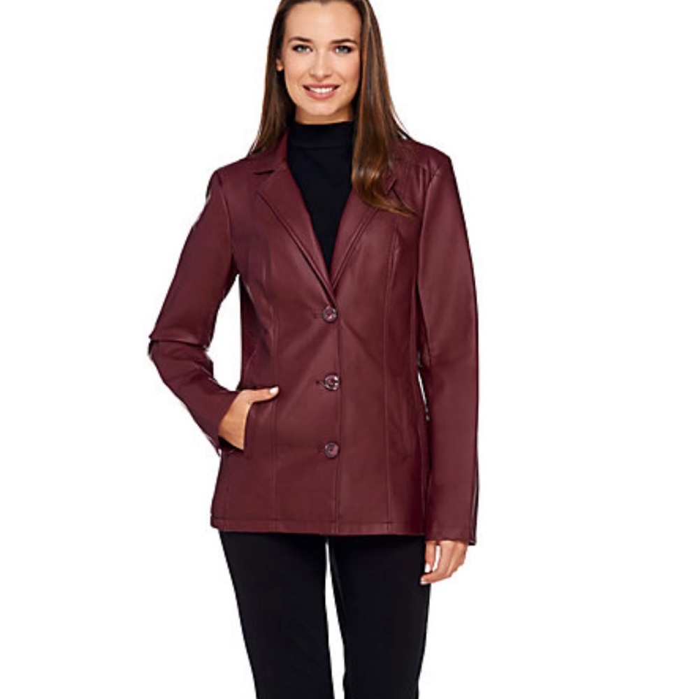 Dennis Basso Faux Leather Blazer COLOR: COGNAC (BROWN)